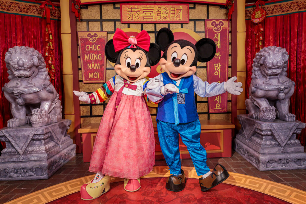 lunar new year at disney california adventure park  mickey mouse and minnie mouse